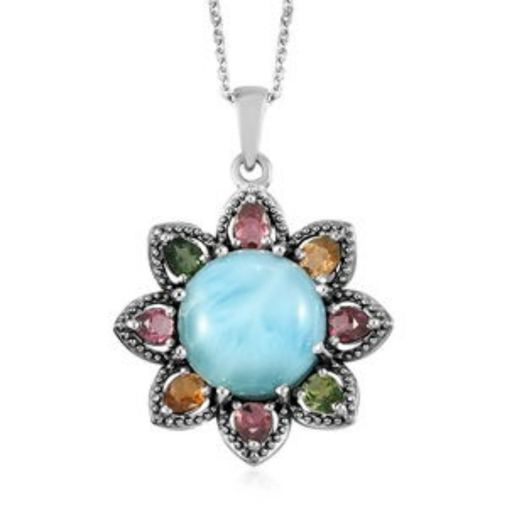 Larimar & Multi-Tourmaline Floral Pendant Necklace 20" Chain Flower - Picture 1 of 6